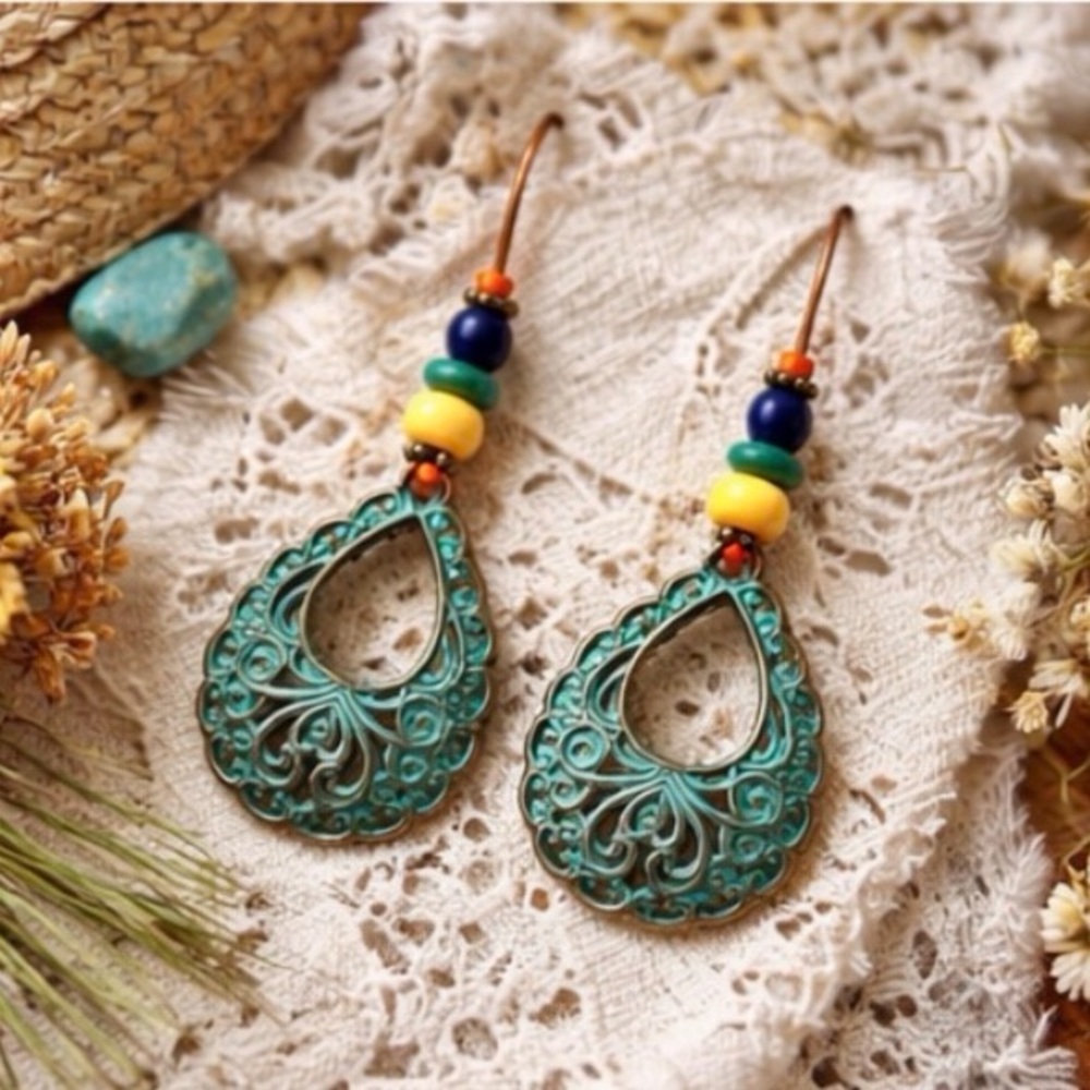 Artisan Boho Filigree Drop Earrings Vintage Wood Beads Turquoise Patina Dangles